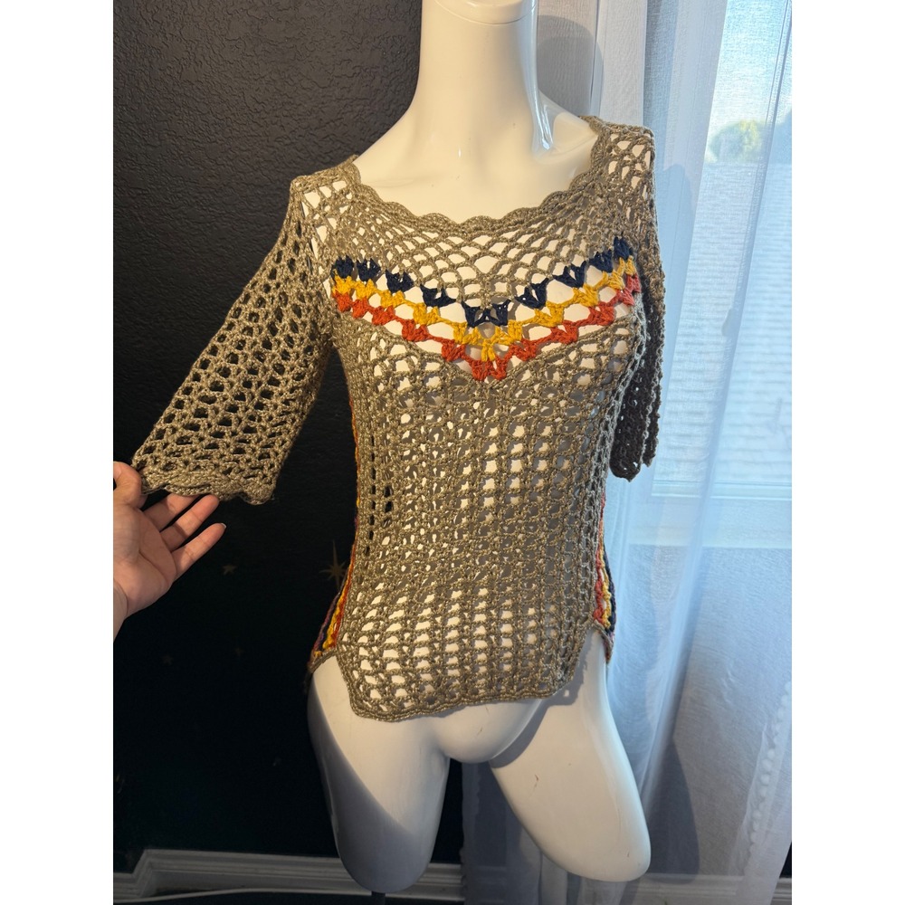 Miss Kelly 1999 Crochet Knit Top Metallic Bronze Boho Festival Short Sleeve m